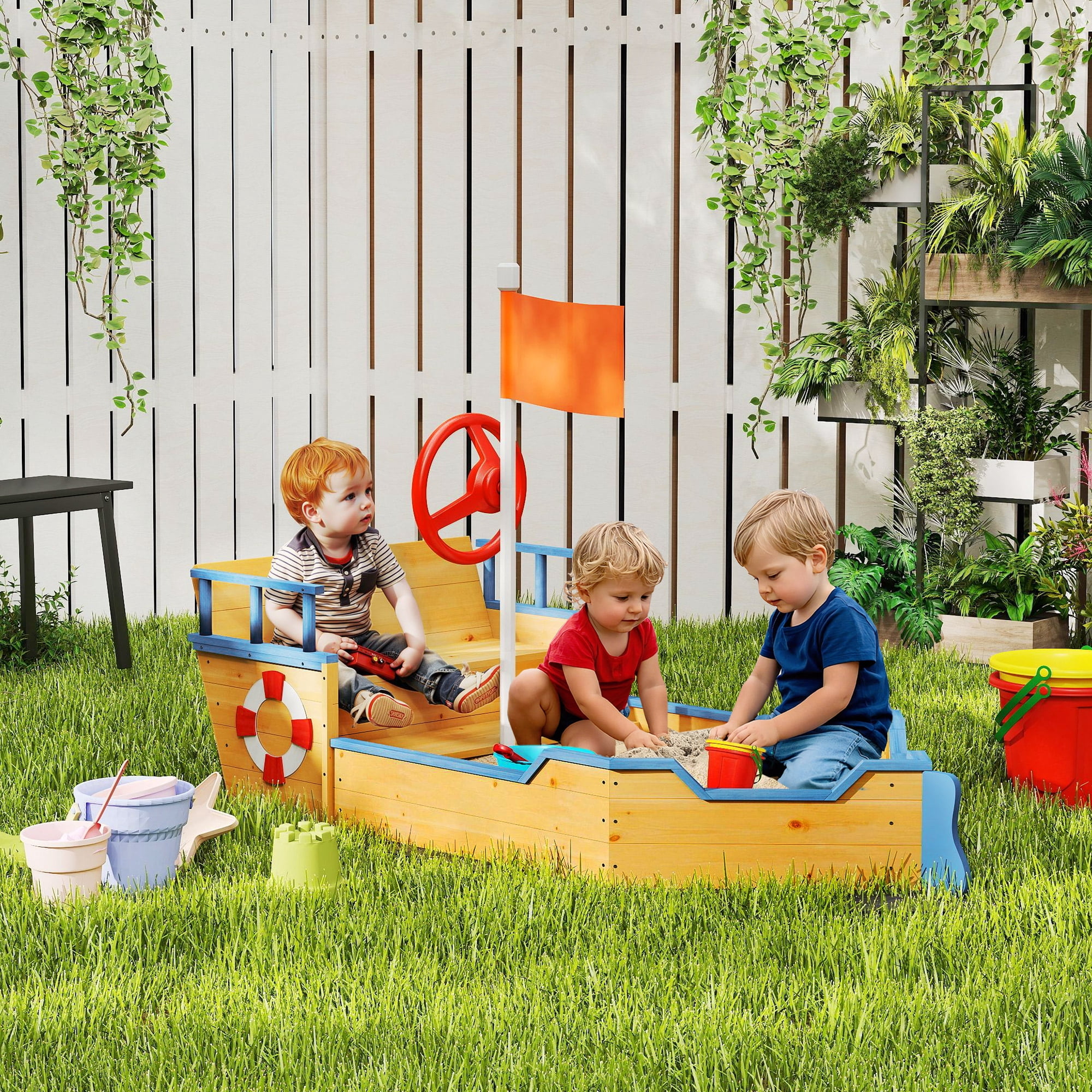 Wooden Kids Pirate Sandbox, Outdoor Sandboat with Bench Seats & Storage, Non-Woven Fabric Liner for Backyard & Lawn
