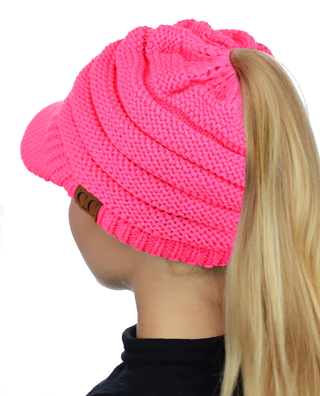 C.C BeanieTail Warm Knit Messy High Bun Ponytail Visor Beanie Cap