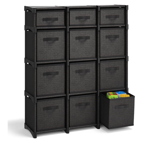 12 Cube Storage Organizer - Black Cube Organizer Shelf, DIY Storage Cubes Organizer Shelves with Fabric Storage Cubes, Sturdy Cubbies Storage Shelves, Cube Storage Shelf for Bedroom, Playroom and More