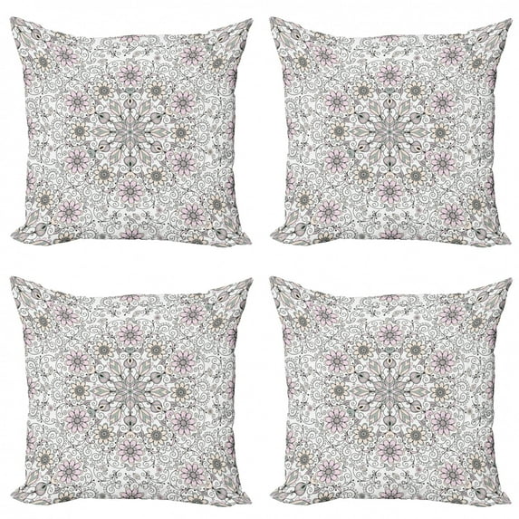 Ambesonne Ethnic Throw Pillow Cover 4 Pack, Flower Swirls Doily Style, 20", Pale Pink Pale Grey