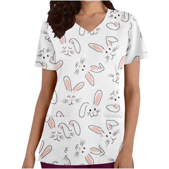 Luxalzxs Easter Scrub Tops Women Short Sleeve Nursing Uniform with Pockets Stretchy Bunny Eggs Print V-Neck Holiday Workwear Medical Scrub Shirts