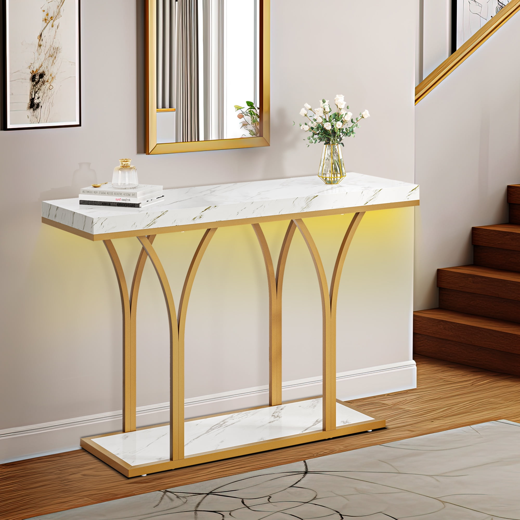 Dextrus Gold Console Table, Modern Faux Marble Entryway Table Behind Sofa Couch for Entry Way, Entrance, Living Room, Gold & White