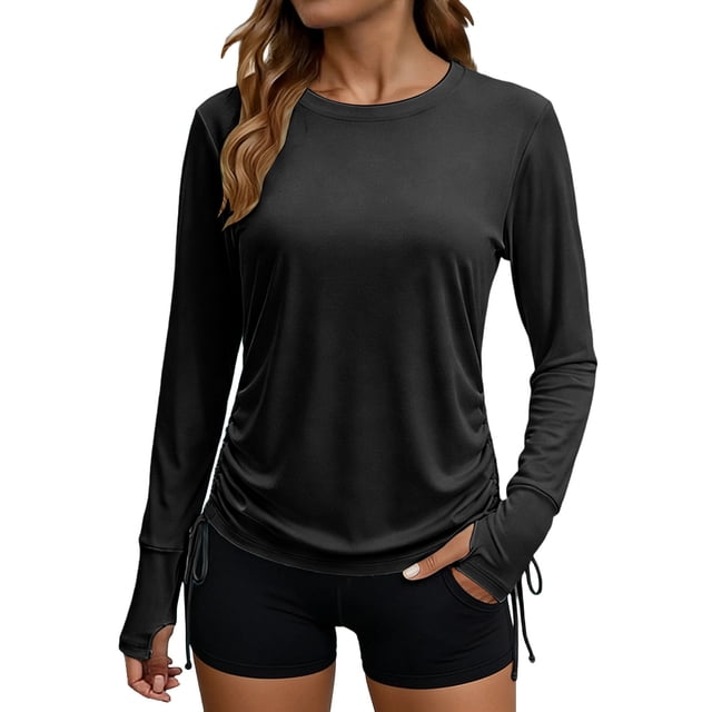 Craaazy Women's Relaxed Fit Crew Neck Blouse, Solid Color Long Sleeve Sun Protection Top, Side Ruched Comfy Casual Tee with Thumb Holes for Summer Gifts