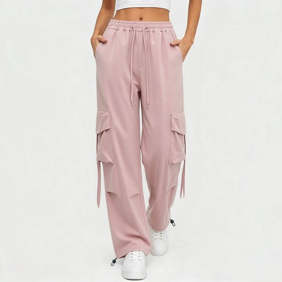 Wide Leg Cargo Pants Womens Summer Casual Fashion Quick Drying Solid Color Work High Waist Straight Trousers Wide Leg Drawstring Elastic Waist Multi Pocket Pants