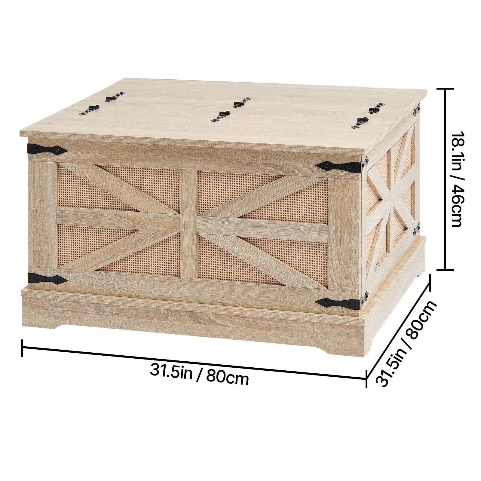 KFFKFF Wicker Coffee Table, Rectangular PE Wicker Weaved Wooden Table with MDF Surface, 32-Inch Contemporary Bohemian Style Storage Table with Vintage Metal Clasps, Suitable for Lounge