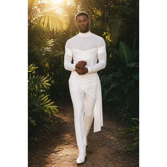 Men's White Sheer Two-Piece Outfit with High Neck and Asymmetric Line for Vacation, Beach and Party Wear
