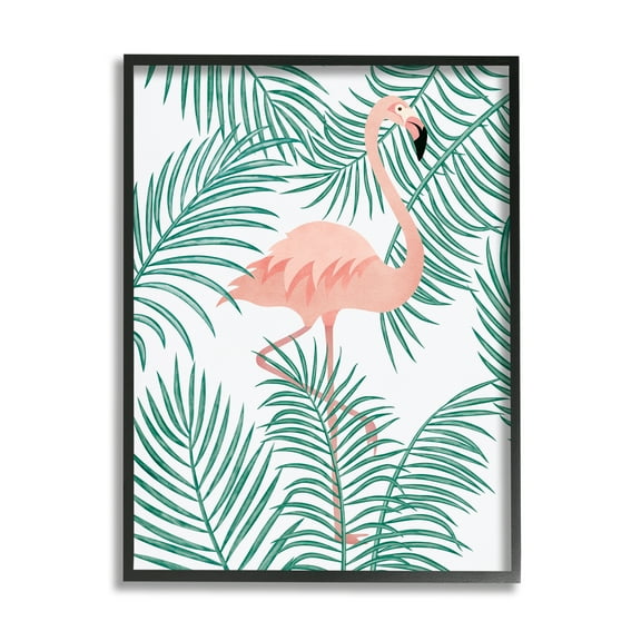 Stupell Flamingo Perched Tropical Palm Leaves Landscape Painting Black Framed Art Print Wall Art