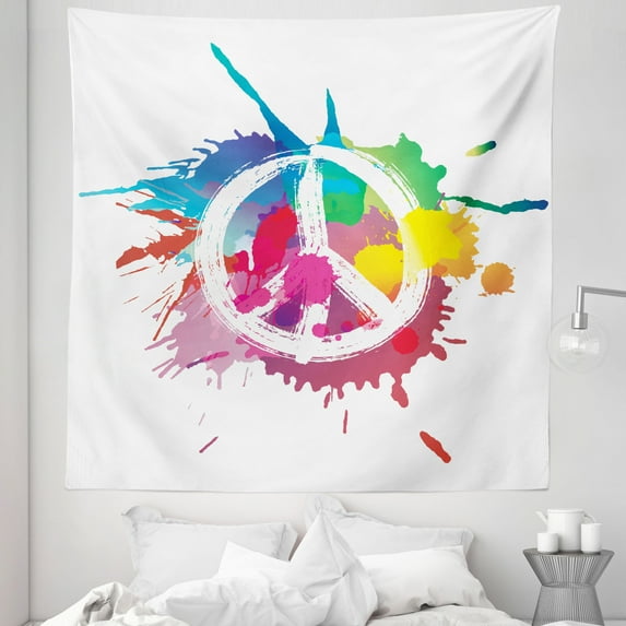 Colorful Tapestry, Famous Widely Used Peace Logo with Colorful Splash Grunge Style Pacifism Themed, Fabric Wall Hanging Decor for Bedroom Living Room Dorm, 5 Sizes, Multicolor, by Ambesonne