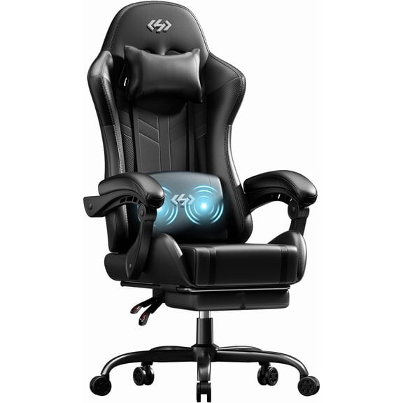 HLDIRECT Ergonomic High Back Gaming Chair with Pocket Spring Cushion, Game Chair with Footrest & Lumbar Massage, Gamer Chair, Computer Chair for Adults, Black