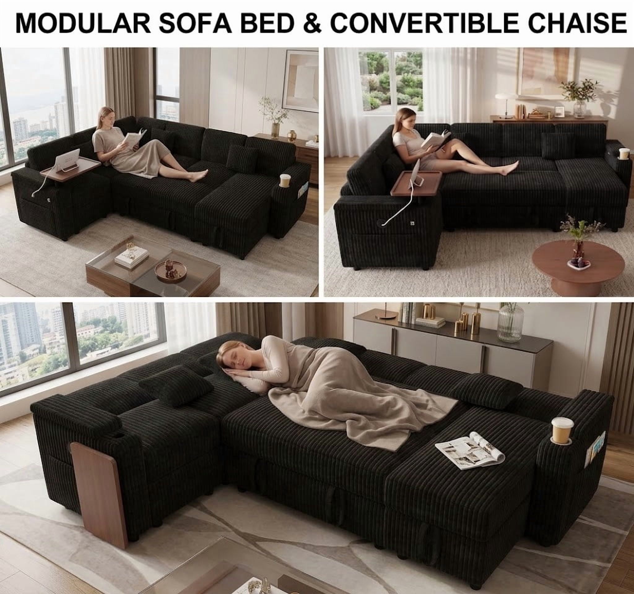 100" U-Shaped Sleeper Sofa with Pull-Out Bed, USB Charging Ports, Cup Holder, Flip-Top Table, Storage Chaise, Corduroy Sectional Couch for Living Room, Apartment & Guest Room