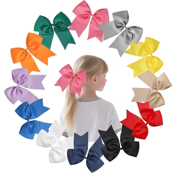 JoyBowie 12 Pack 8" Large Cheer Bows for Girls – Solid Color Grosgrain Hair Bows with Elastic Hair Ties for Cheerleading, Sports, School & Daily Wear