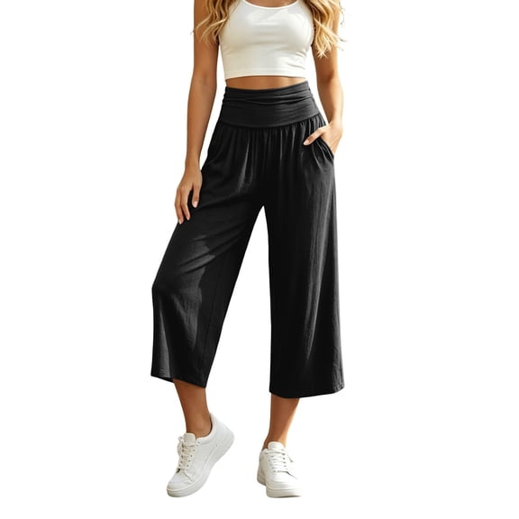 XIAOCHA Women Solid Color Fold Over Cropped Pants Casual Loose Wide Leg Capri Trousers,Black