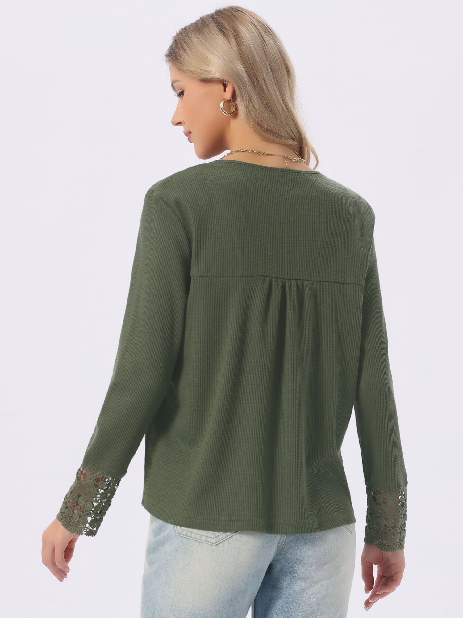 DARING DIVA Women's Long Sleeve V Neck Casual Tops Lace Blouses L Army Green