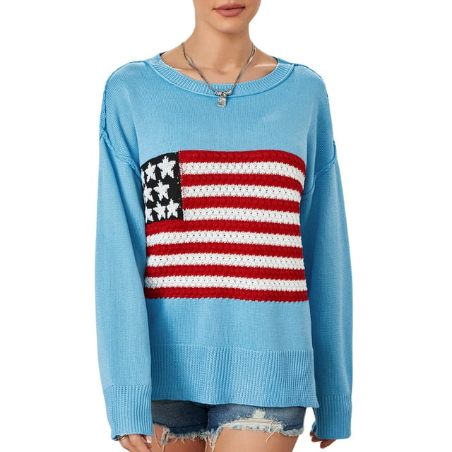 ZAXARRA Femmes Automne Hiver Tricot Pull Manches Longues Col Rond Drapeau Imprimé en Vrac Tricots