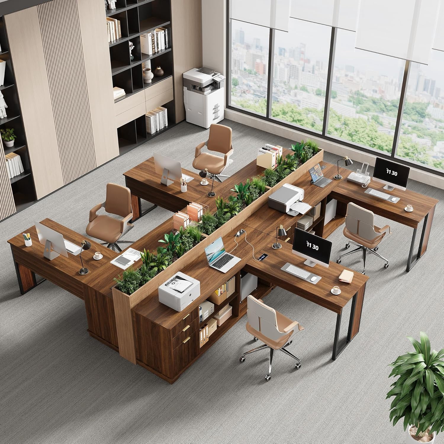 Vividwood 63" L Shaped Desk with Lift Top, Power Outlets, 3 Fluted Design Drawers, Storage Shelves, CPU Stand for Home Office (Light Walnut)