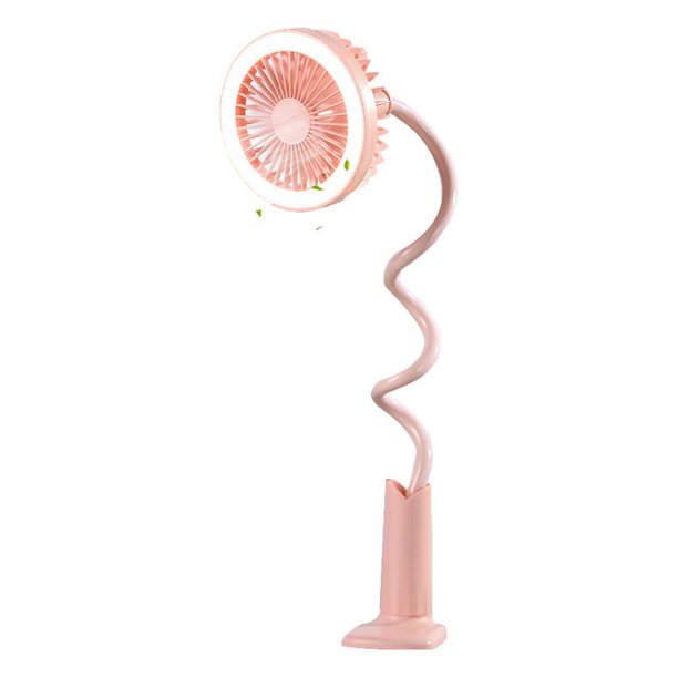 Ventilador eléctrico portátil creativo con luz nocturna en zigzag de 360 grados y carga USB, con clip para el hogar, carrito de golf, oficina, tienda de campaña y cochecito de exterior (rosa).
