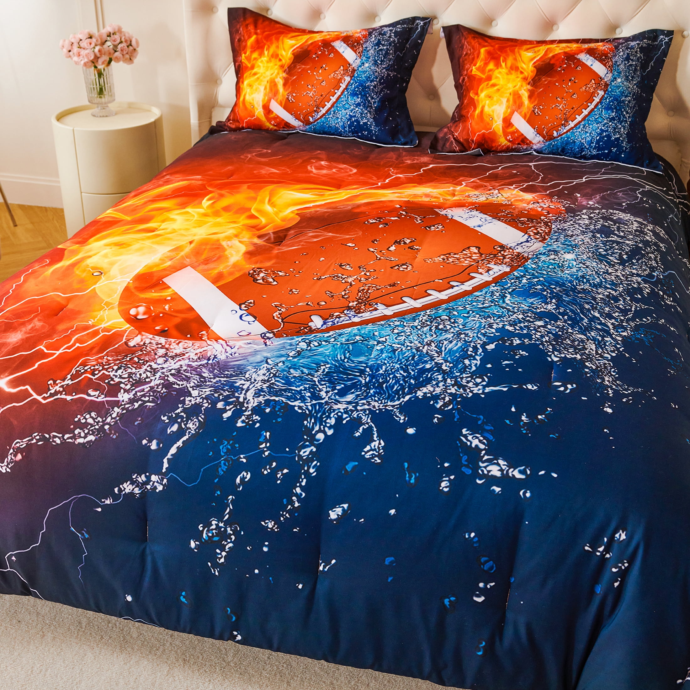 Koniroom 3-Piece Fire and Water Football Comforter Set Full Size for Boys - Bold Sports Bedroom Decor - Themed Bedding Gift Idea
