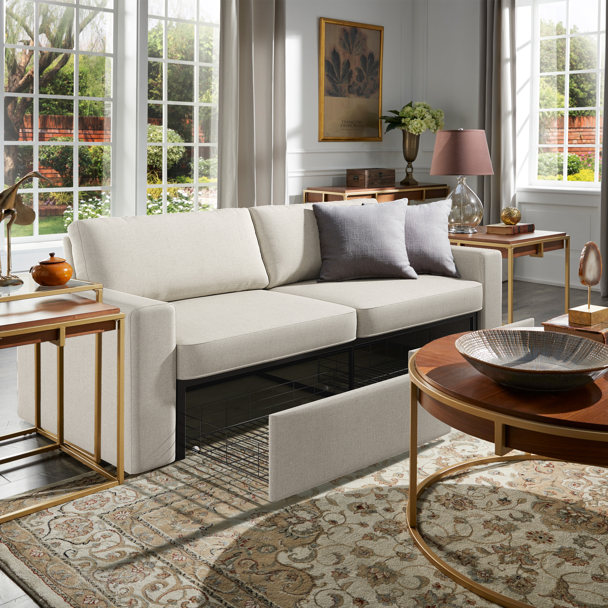 Weston Home Glen Park Upholstered Sofa with 2 Hidden Metal Wire Storage Drawers, Ivory