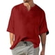 thumbnail image 1 of Men's Solid Color Pleated Quarter Sleeve Top Men's Retro V-Neck TopM, 1 of 5