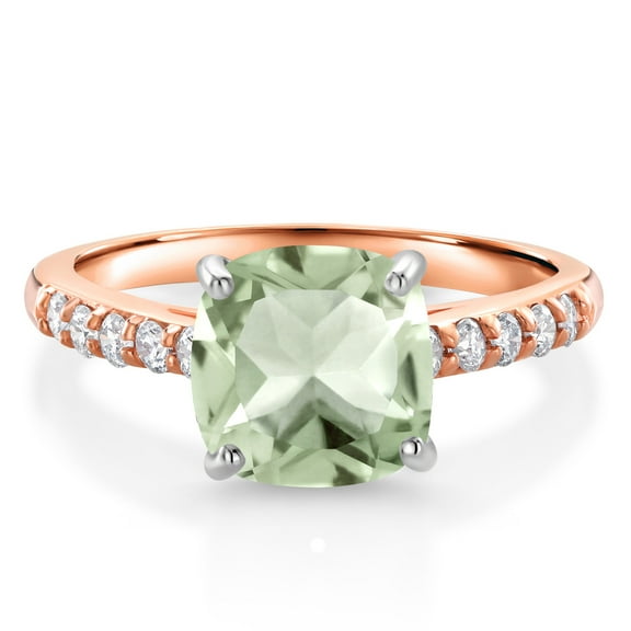 Gem Stone King 10K Rose Gold Green Prasiolite and White Lab Grown Diamond Engagement Ring for Women (2.25 Cttw, Cushion Cut 8MM, Gemstone Birthstone, Available in Size 5, 6, 7, 8, 9)