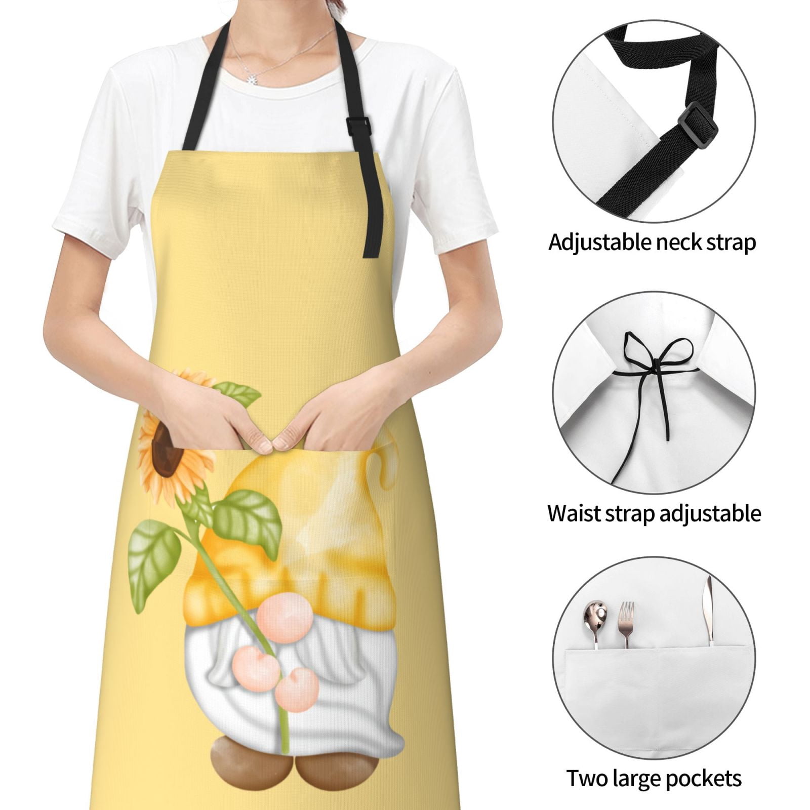Kdxio Sunflower Gnomes Apron with Pockets Adjustable Kitchen Aprons for Men Women Waterproof Aprons for Cooking,Drawing,Crafting, Baking Household Cleaning