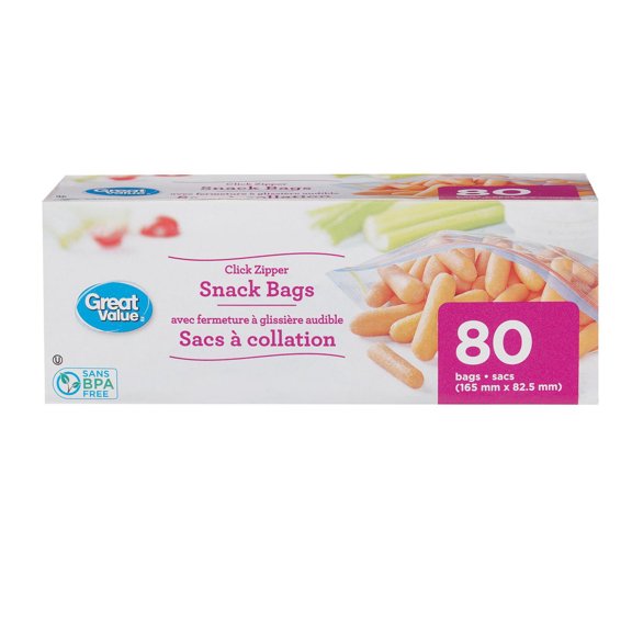Great Value Snack Bags, Clear Zipper, 80 Bags