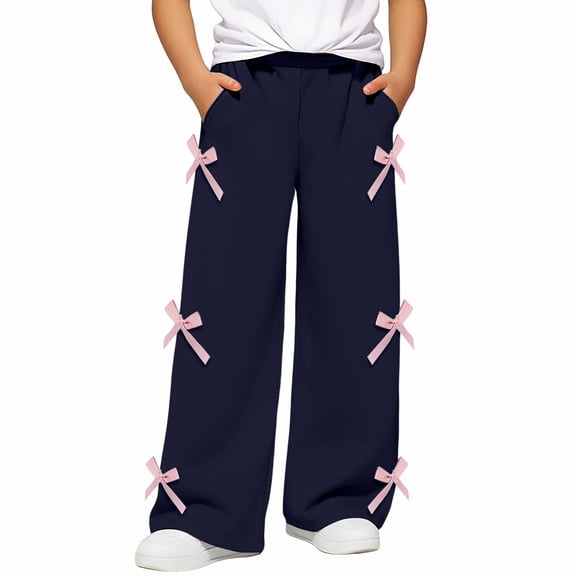 CPNG Girls Casual Sweatpants Teen Girls Straight Wide Leg Loose Pants Side Bow Decoration Elastic High Waist Trousers(Navy,6-7 Years)