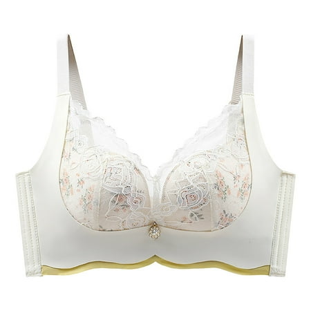 Yyeselk Lace Bras for Women Full Coverage Wireless Bra Push up Anti-Sagging Bra Breathable No Underwire Bras Everyday Bra White L