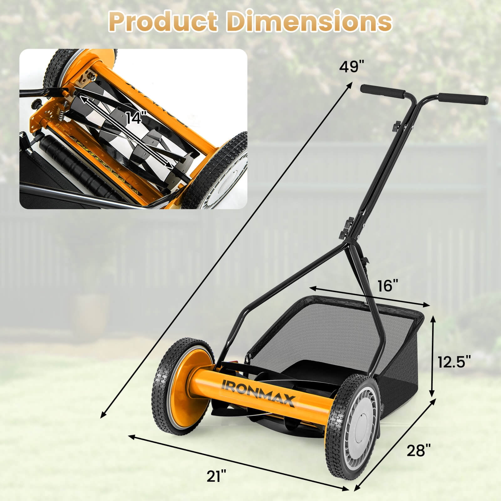 Ironmax Push Lawn Mower, Cordless 14” Manual Reel Mower, Adjustable Cutting Heights Orange + Black