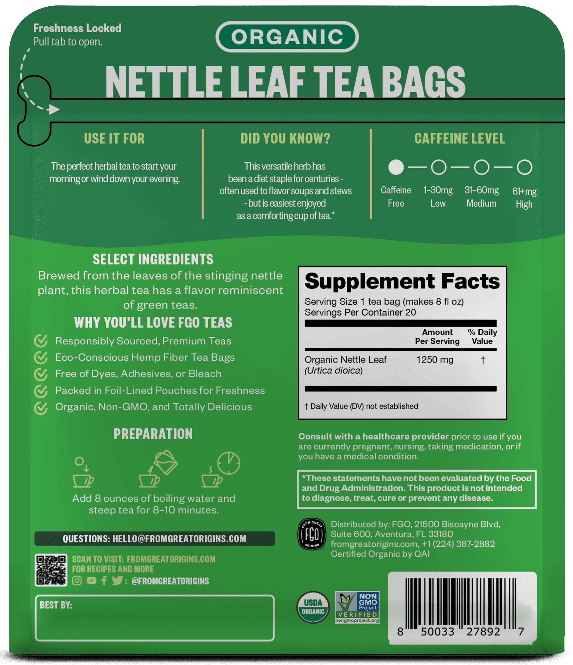 FGO Nettle Leaf Tea, Organic Tea Bags, 20 Count