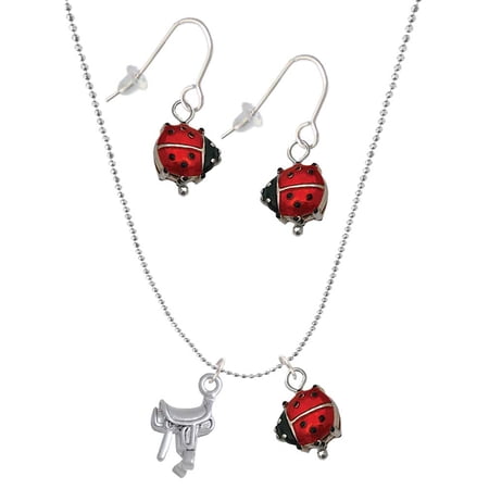 Delight Jewelry Silvertone English Saddle Red Lucky Ladybug Necklace and Dangle Earrings Set