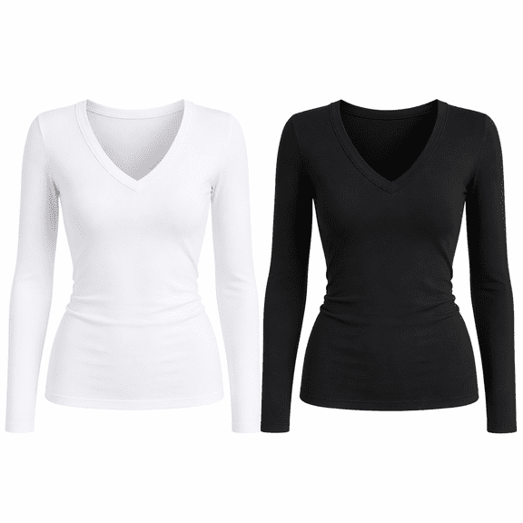 2 Pack Women Polyester Milk Silk Long Sleeve T-Shirts, V Neck Slim Fit Crop Basic Tops Elegant Layering Shirts