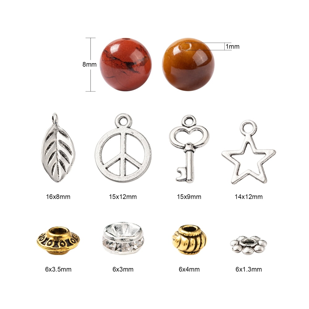 280Pcs 8 Styles 8mm Gemstone Beads Healing Stone Kits with Alloy Star Peace Sign Key Charms Spacer Beads for DIY Gemstone Bracelets Making diy