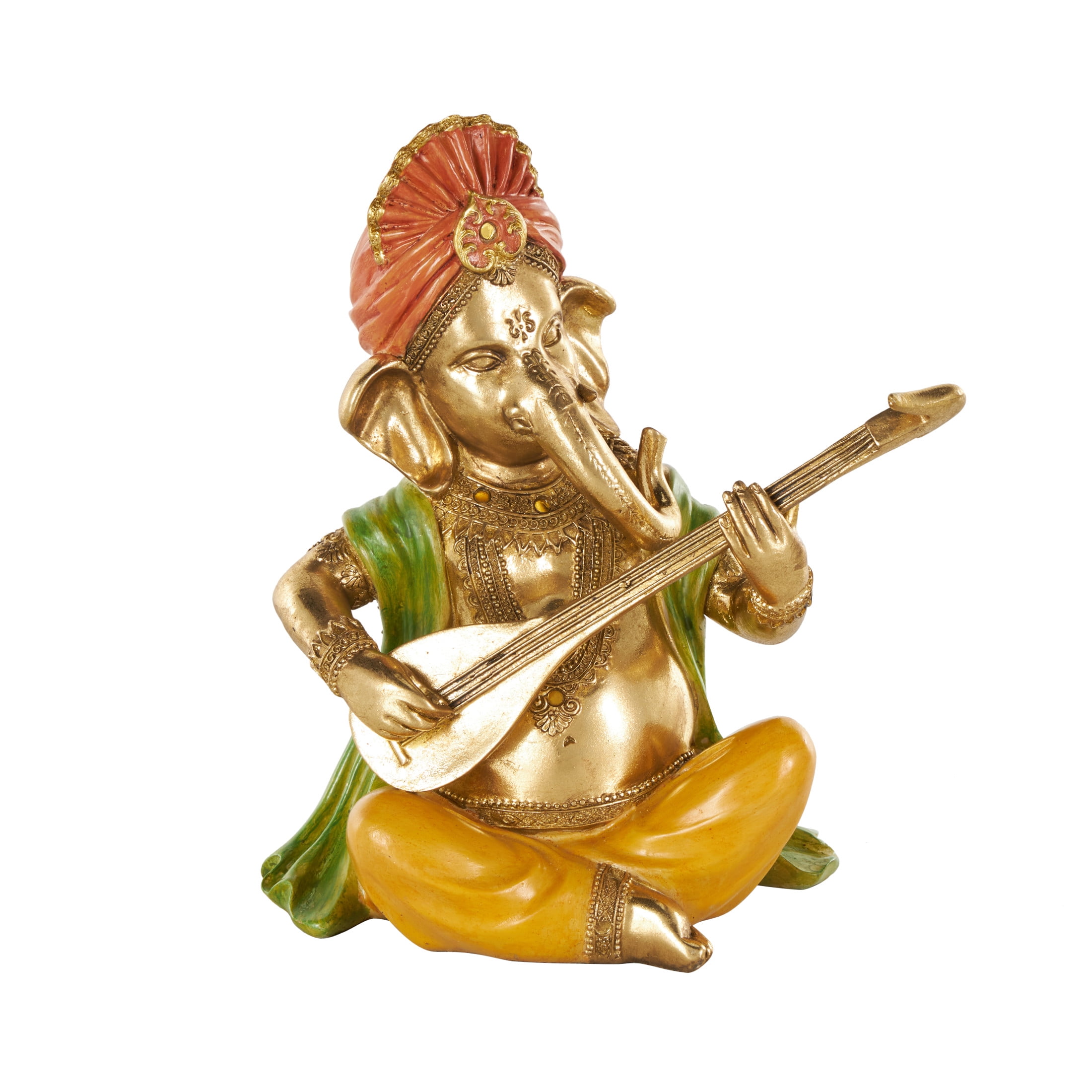 9" x 11" Gold Resin Musician Ganesh Sculpture with Green, Yellow, and Red Accents, by DecMode