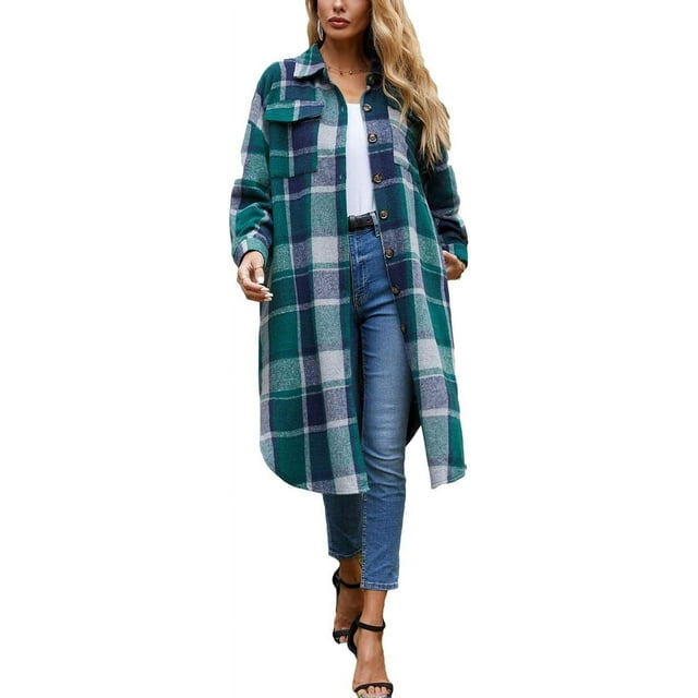 GHSDFBB Women's Lounge Lapel Button Up Long Sleeve Plaid Long Shirt Jacket Shacket