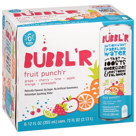 BUBBL'R Antioxidant Sparkling Water, fruit punch'r, 12 fl oz, 6 Pack Cans