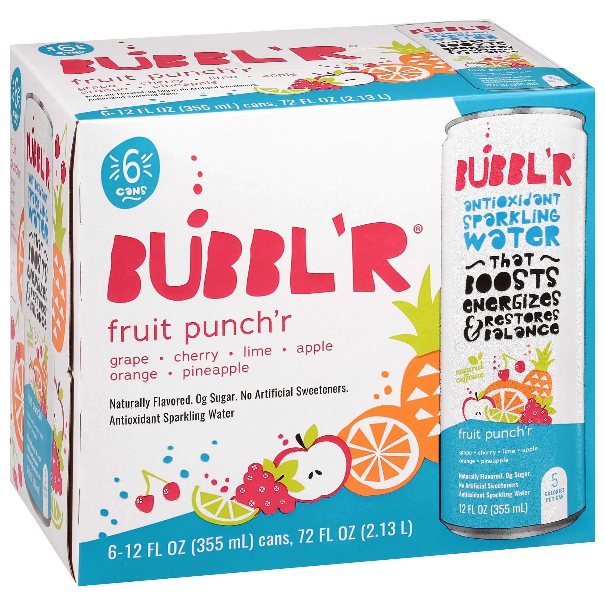 BUBBL'R Antioxidant Sparkling Water, Fruit Punch'r, 12 fl oz, 6 Pack Cans