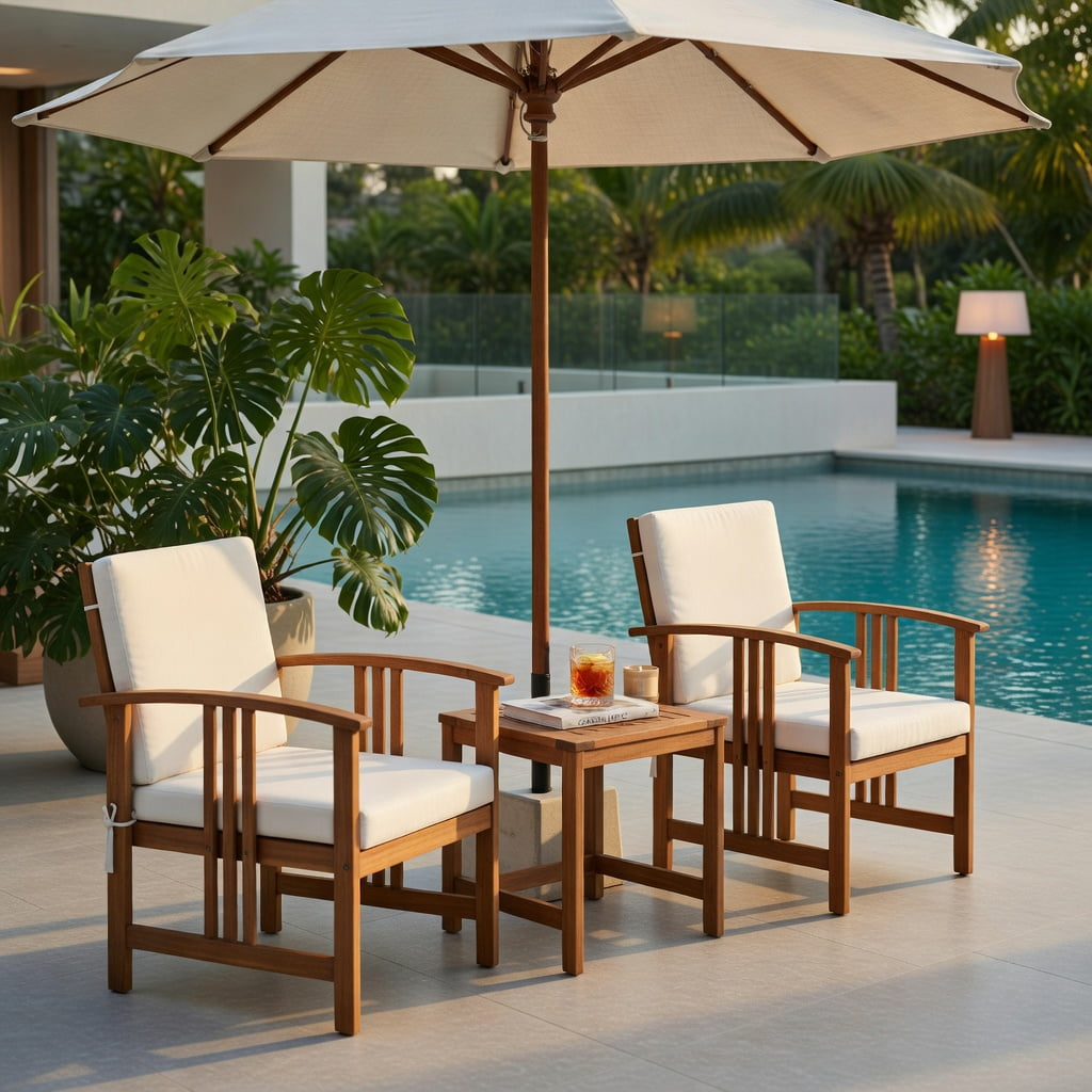 Hommoo 3-Piece Acacia Wood Outdoor Patio Sofa Set, Cushioned Garden Seating for Patio, Poolside & Backyard, White