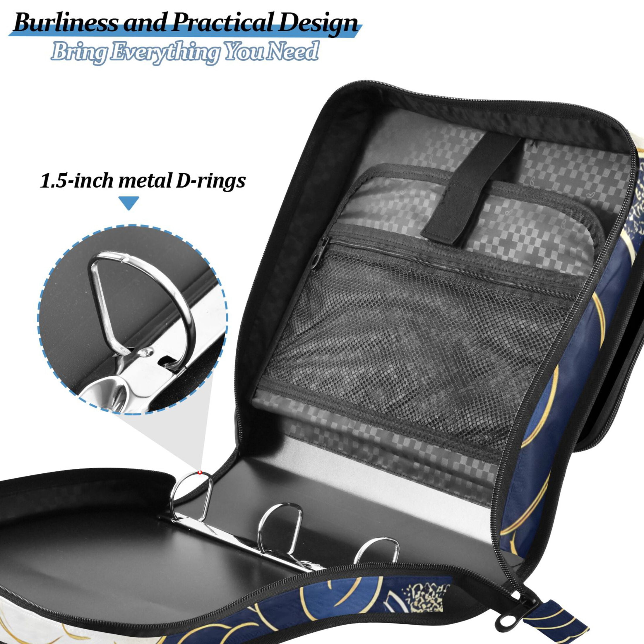 3 Ring Zipper Binder with Shoulder Strap Waterproof Trapper Keeper 2 Inch D-Ring 500 Sheets Capacity Blue Cloud White Flower