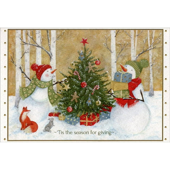 Pictura Snowmen Decorating Tree in Forest Christmas Card From Us