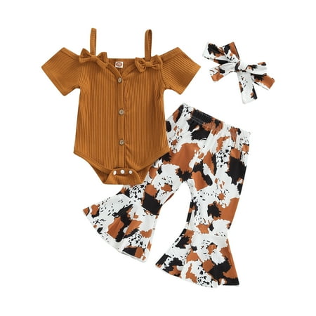 

3Pcs Infant Baby Girl Romper Outfit Bow Short Sleeve Suspender Ribbed Jumpsuit+Bell-Bottomed Pants+Headband Clothes