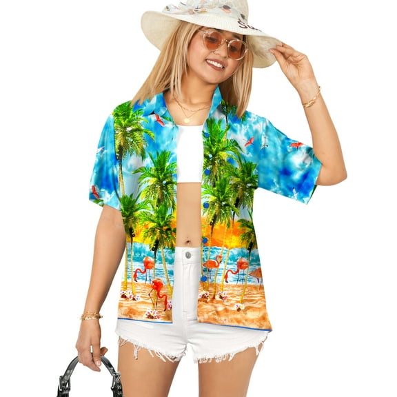 LA LEELA Hawaiian Shirts Womens Casual Summer Beach Party Blouse Shirt Tropical Tops Blouses Short Sleeve Dress Shirts Dresses for Women S Sea Flamingo, Autumn Turquoise