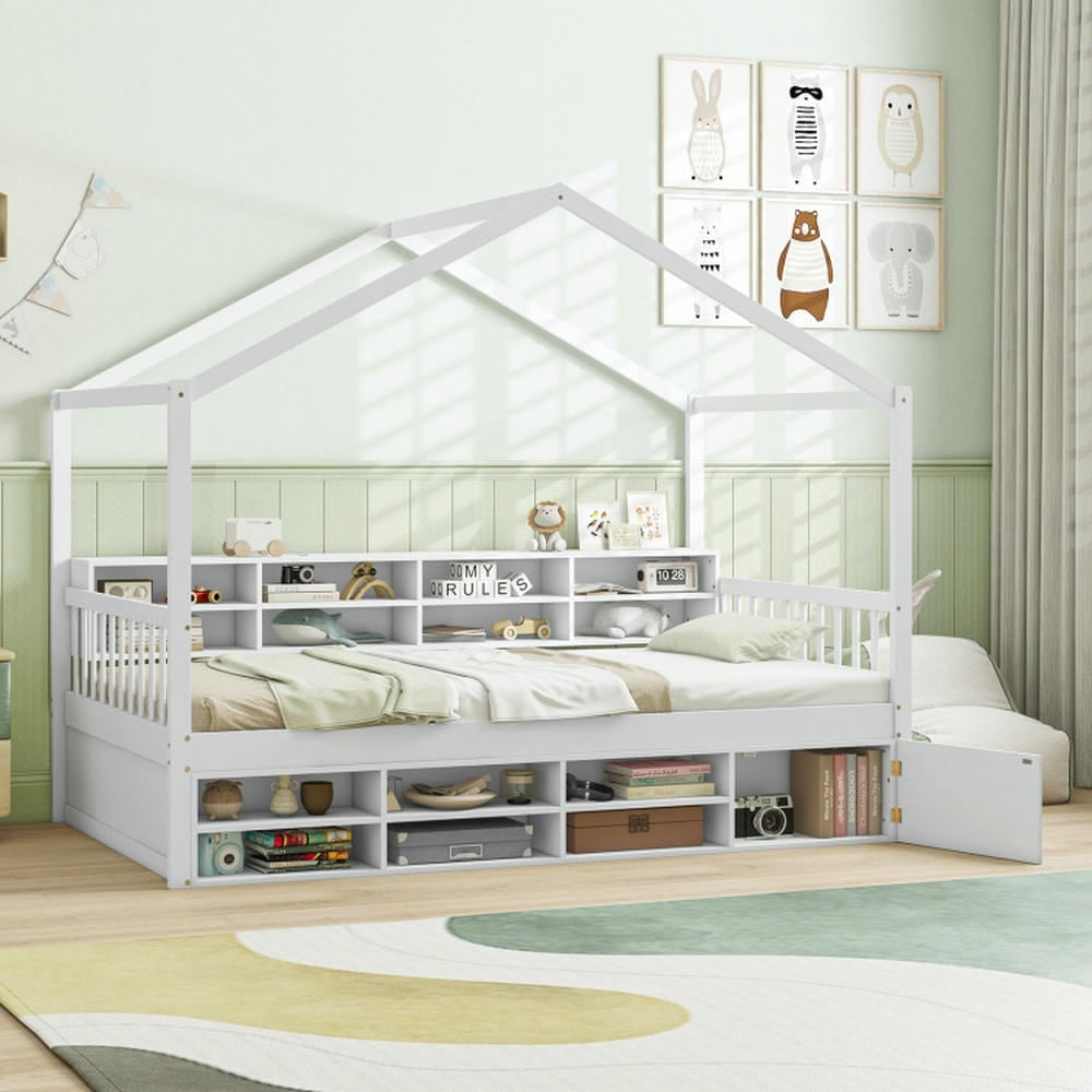 Kepooman Bed Frame, Bed Frame Mattress Foundation,Twin Size House Bed with Roof with 14 Storage Cubes and Enclosed Cabinet-White