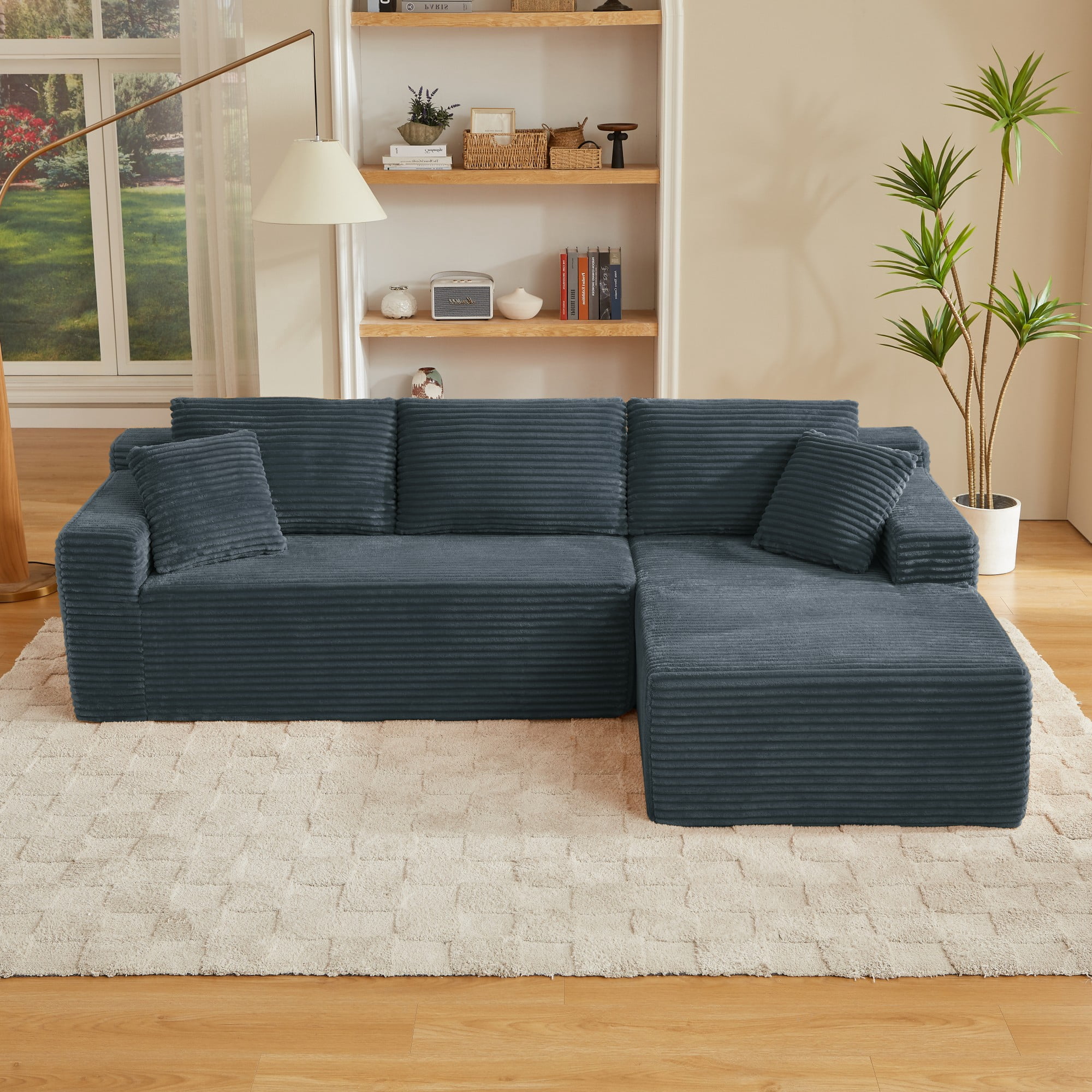 Aukfa 103" Modular Cloud Sectional Sofa, L-Shaped Boneless Couch with Right-Facing Chaise, Deep Seat Corduroy Sleeper Sofa for Living Room, Dark Gray