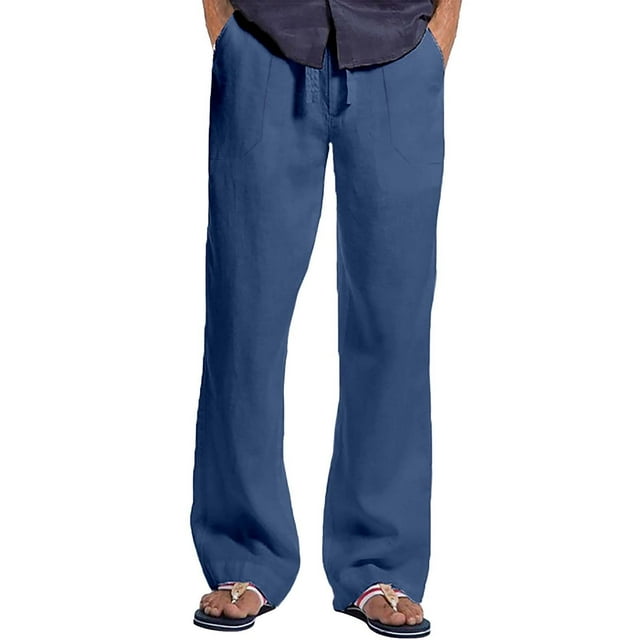 Blue Formal Pants For Men, Linen Cargo Pants Men, Mens Slim Fit Cargo Pants, Men'S Cotton And Linen Outdoor Daily Solid Color Drawstring Multi Pocket Loose Straight Leg Pants