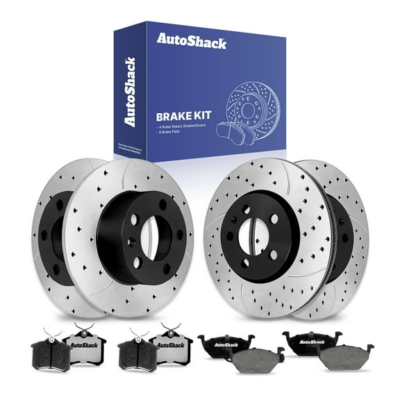 AutoShack Front Vented & Rear Solid Drilled & Slotted E-Coated Brake Rotors   Ceramic Pads 12-PC Brake Kit Replacement for 2000-2001 Volkswagen Golf ShadowGuard