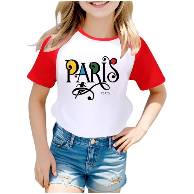 Toddler Girls Summer Tops Tees Casual Color Block Games Printed Raglan Short Sleeved T Shirt Daily Spring Shirts For Kid 2-3 T