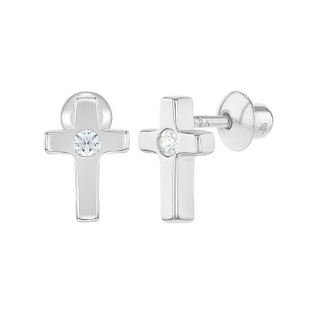 925 Sterling Silver Clear CZ Little Cross Screw Back Earrings for Kids Girls