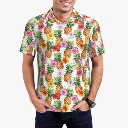 Zeuib Hawaiian Pineapples And Hibiscus Flowers Print Men s Athletic Fit Golf Polo Shirt Performance Golf Shirt for Men Button Down Golf Shirts Fashion Polo Shirt-Large