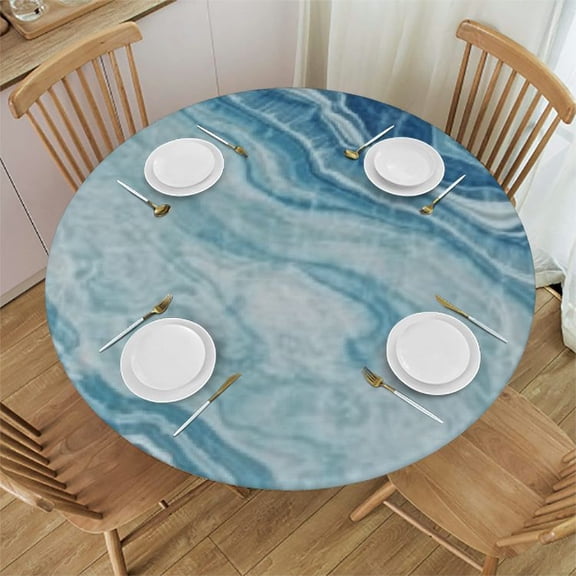 BANET White Blue Marble Tablecloth with Elastic Edge, Round Table Cloth Washable Reusable Table Cover for Kitchen Dining Party Picnic, Medium 31"-35